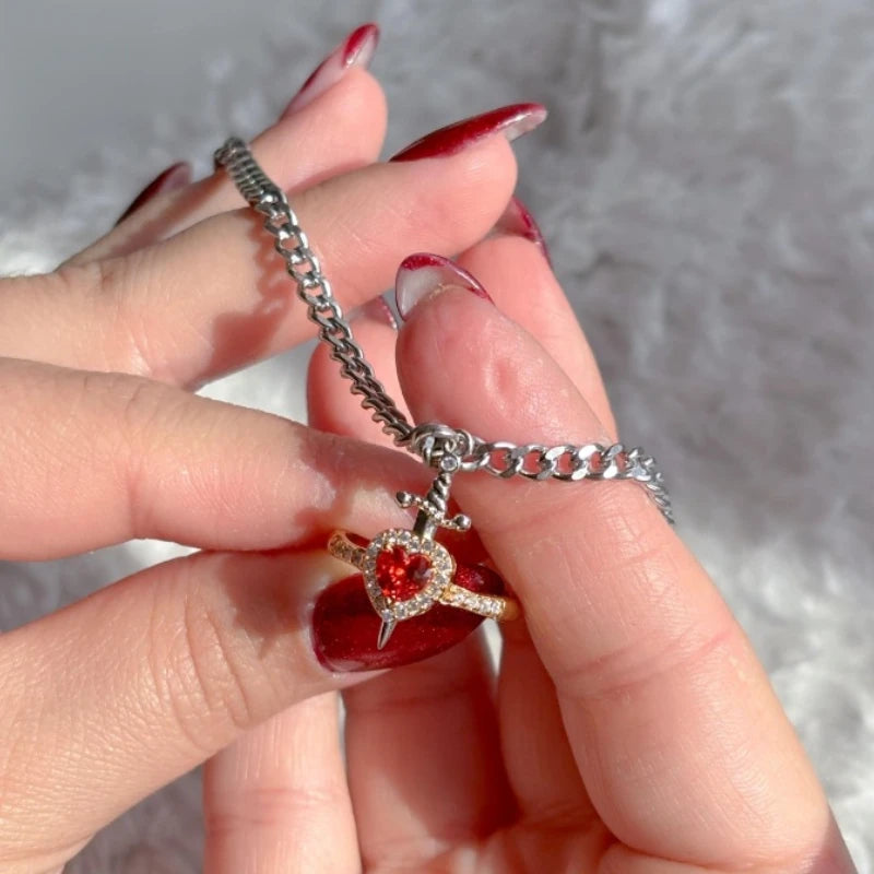 Europe and the United States Gothic Heart-Shaped Ring and Sword Necklace Set Men and Women Couples Sparkling Jewelry Gifts