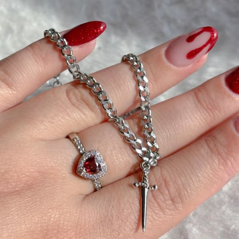 Europe and the United States Gothic Heart-Shaped Ring and Sword Necklace Set Men and Women Couples Sparkling Jewelry Gifts